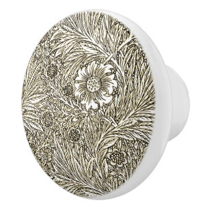 Bouton De Porte En Céramique Dessin floral complexe marron et blanc