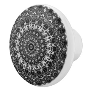 Bouton De Porte En Céramique Dessin géométrique de mandala noir et blanc