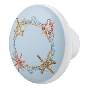 Bouton De Porte En Céramique Dessins bleus nautiques sur bleu clair