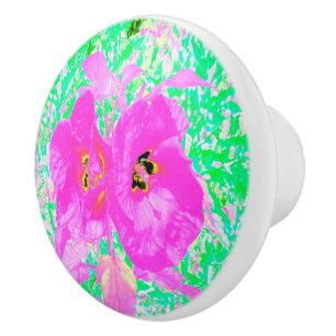 Bouton De Porte En Céramique Deux Hibiscus de Plum Rose Hot Crazy sur Lime Gree