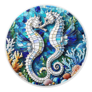 Bouton De Porte En Céramique Deux hippocampes et carreau de mosaïque de corail