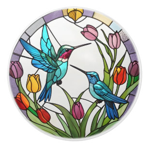 Bouton De Porte En Céramique Deux Hummingbirds et Fleurs de tulipe en verre ten