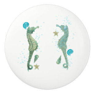 Bouton De Porte En Céramique Deux Seahorses Aquarelle Plage Élégant Tropical