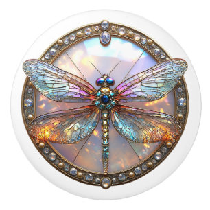Bouton De Porte En Céramique Diamants de libellules Iridescente Sapphères