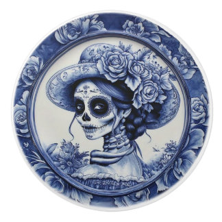 Bouton De Porte En Céramique Dias Los Muertos Blue & White