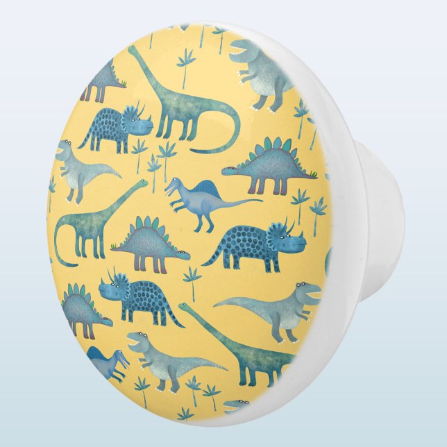 Bouton De Porte En Céramique Dinosaur amusant Motif bleu Jaune (Fun dinosaur ceramic door pull or knob)