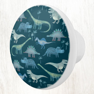 Bouton De Porte En Céramique Dinosaur amusant Motif Bleu Turquoise Vert
