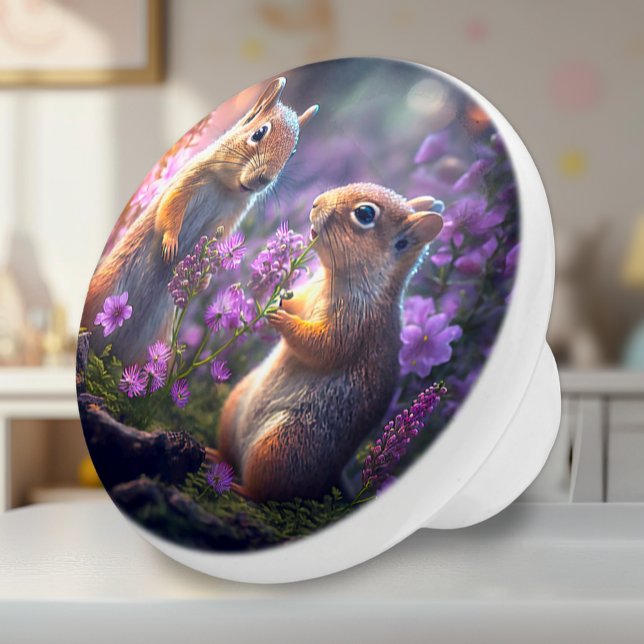 Bouton De Porte En Céramique Discours d'écureuil - Imaginaire pour enfants (Ceramic Knob - Squirrels with Purple Flowers - Decor Accent for Kids Room)