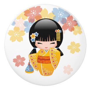 Bouton De Porte En Céramique Doll d'été de Kokeshi - Kimono Jaune Geisha Girl