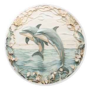Bouton De Porte En Céramique Dolphin Couple Art Nouveau Faux Relief gauche face