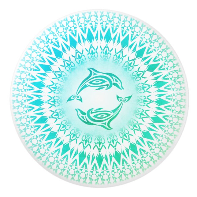 Bouton De Porte En Céramique Dolphins Mandala Aqua Vert Blanc Blanc Nautique (Devant)