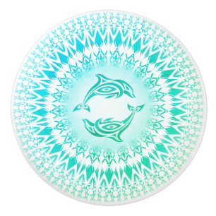 Bouton De Porte En Céramique Dolphins Mandala Aqua Vert blanc Nautique
