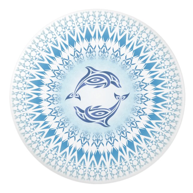 Bouton De Porte En Céramique Dolphins Mandala Bleu Blanc Nautique (Devant)