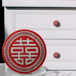 Bouton De Porte En Céramique Double Bonheur Chinois Perle sur Rouge
