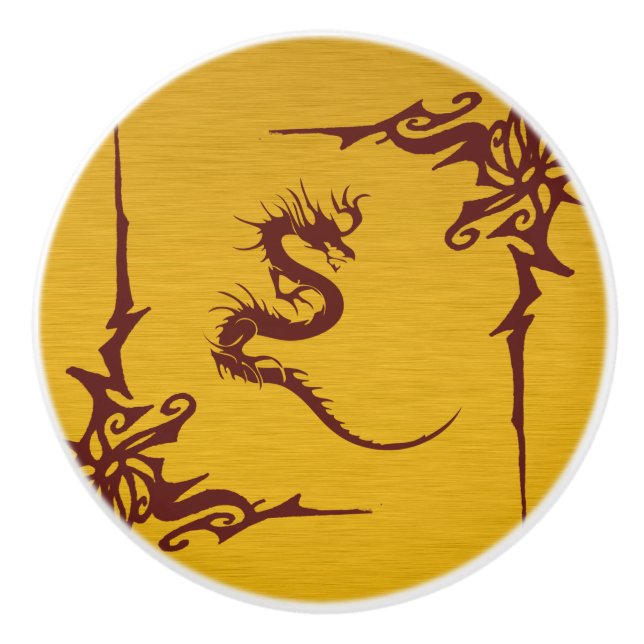 Bouton De Porte En Céramique Dragon chinois de mythologie, remous - rouge d'or (Devant)