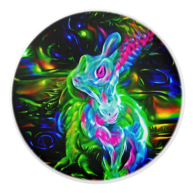Bouton De Porte En Céramique Dragon de lapin psychédélique à Neon Imaginaire (Devant)