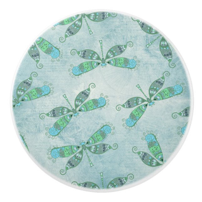 Bouton De Porte En Céramique Dragonflies Boho en bleu (Devant)