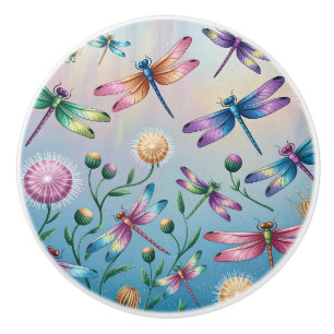Bouton De Porte En Céramique Dragonflies Whimsical avec Fleurs