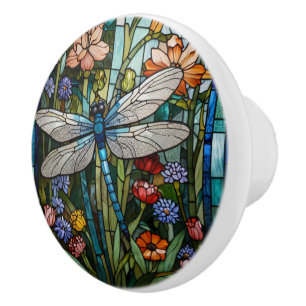 Bouton De Porte En Céramique Dragonfly art boho floral verre de tache