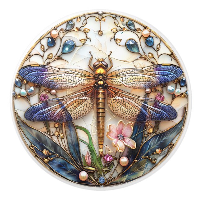 Bouton De Porte En Céramique Dragonfly Art Déco Perles Pierres Fleurs Élégant (Devant)