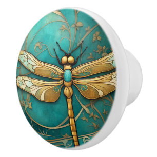 Bouton De Porte En Céramique Dragonfly Art Nouveau Art Déco Insectes Turquoise 