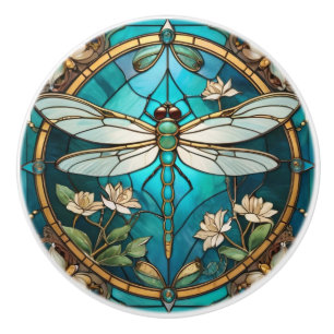 Bouton De Porte En Céramique Dragonfly Art Nouveau Déco Aqua Bleu Vitrail