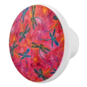 Bouton De Porte En Céramique Dragonfly Dance Hot Fuchsia Door Pull
