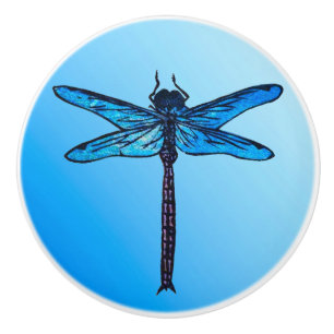 Bouton De Porte En Céramique Dragonfly japonaise vintage, bleu saphir