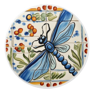 Bouton De Porte En Céramique Dragonfly Mediterranean Insect Jaune & Bleu Folk