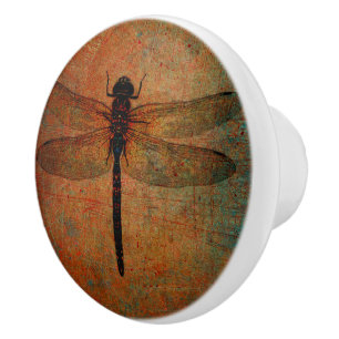 Bouton De Porte En Céramique Dragonfly On Distressed Arrière - plan Tireur Pull