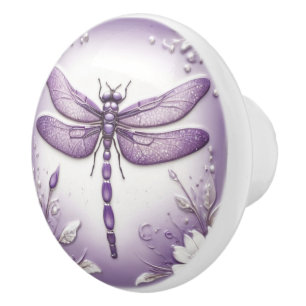 Bouton De Porte En Céramique Dragonfly Purple and White Floral Art