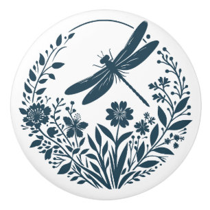 Bouton De Porte En Céramique Dragonfly rétro Silhouette avec fleurs