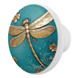 Bouton De Porte En Céramique Dragonfly Turquoise Turquoise & Faux Gold Faux Rel
