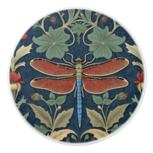 Bouton De Porte En Céramique Dragonfly William Morris style bleu & rouge Floral