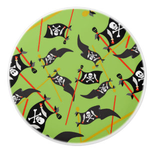 Bouton De Porte En Céramique Drapeau Pirate Noir Vert Crânes Os Blancs Raid