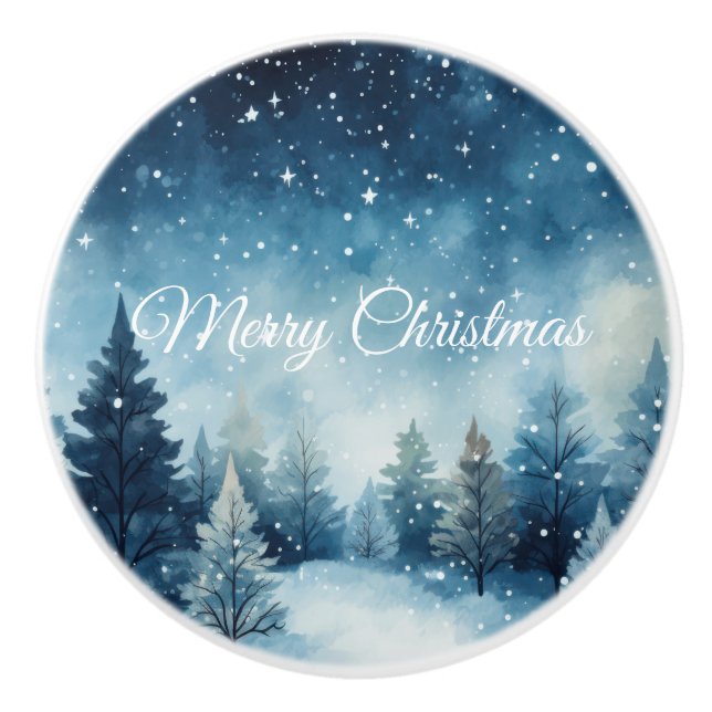 Bouton De Porte En Céramique Dreamy neige aquarelle paysage hiver (Devant)