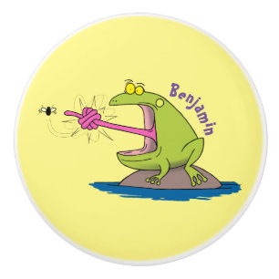 Bouton De Porte En Céramique Drôle dessin animé de grenouille et mouche