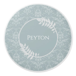 Bouton De Porte En Céramique Dusty Blue Elegant Damask Personnalisé