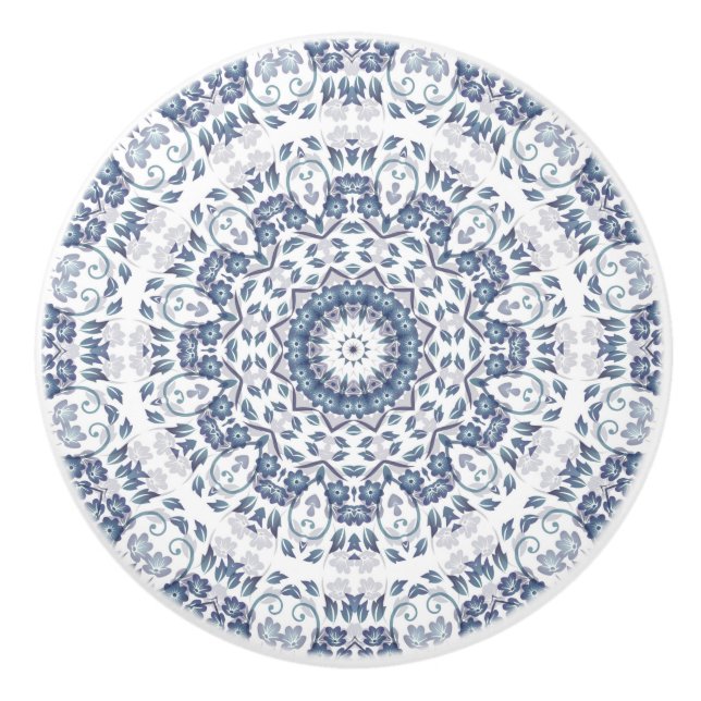 Bouton De Porte En Céramique Dusty Blue Floral Mandala (Devant)