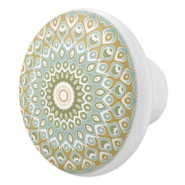 Bouton De Porte En Céramique Earthy Mandala in Green, Gold, and Soft Blue (Droite)