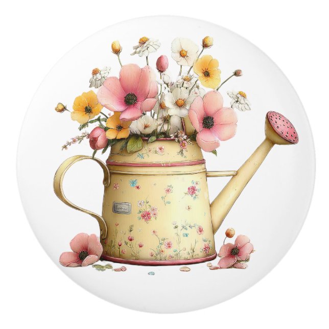 Bouton De Porte En Céramique Easter Yellow Pink Watering Can of Flowers (Devant)