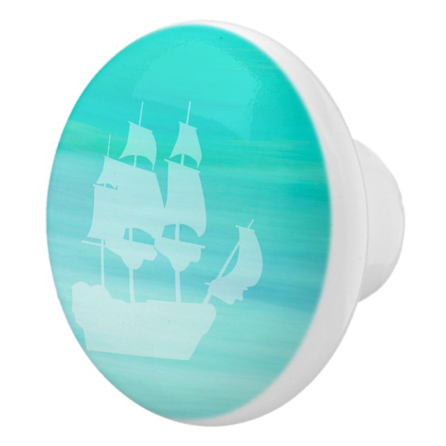 Bouton De Porte En Céramique Eau de mer turquoise Aquamarine avec voilier (Droite)