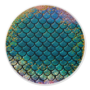 Bouton De Porte En Céramique Écaille de Poisson Sirène Glam Sarcelle Violet Or 