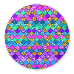 Bouton De Porte En Céramique Écailles de sirène multicolores colorées scintilla