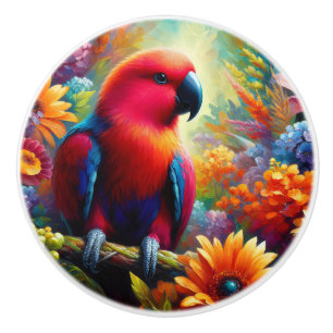 Bouton De Porte En Céramique Eclectus Parrot aux fleurs colorées
