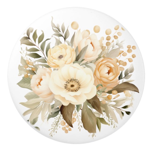 Bouton De Porte En Céramique Elégant Beige Brown Fleurs Floral Ceramic Knob (Devant)