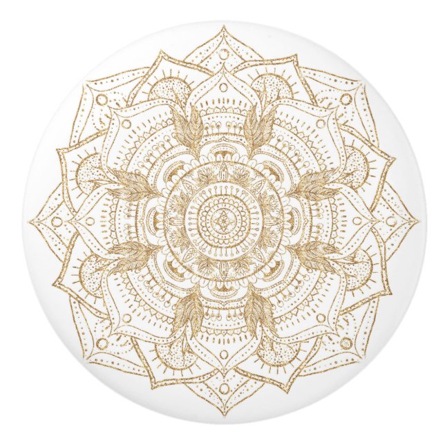 Bouton De Porte En Céramique Elégant blanc & or Mandala conception main dessiné (Devant)