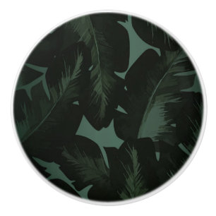 Bouton De Porte En Céramique Élégant Blanc Vert Tropical Plage Feuilles Chic