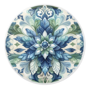 Bouton De Porte En Céramique Élégant bleu et vert ornement fleuri