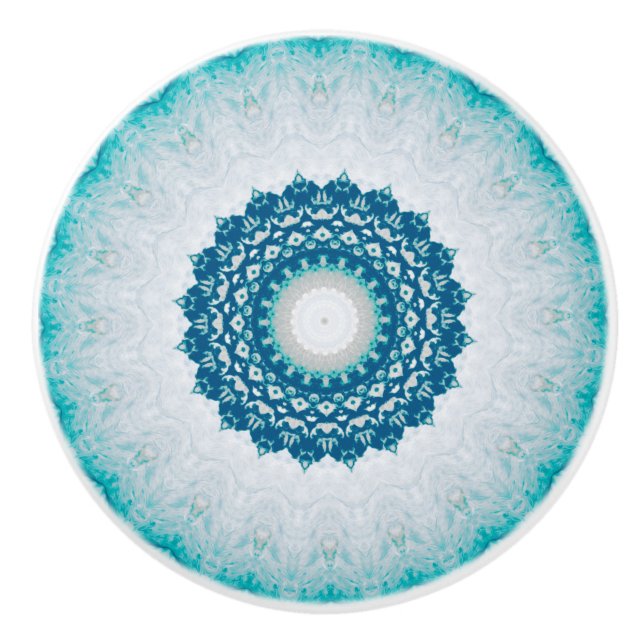 Bouton De Porte En Céramique Elégant bleu turquoise bleu floral Mandala (Devant)